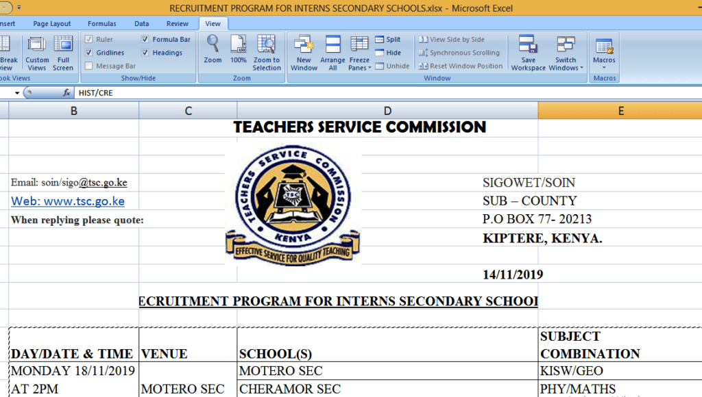 2019 TSC Intern teachers' Interview dates, time and Venues; Kericho County- Sigowet, Soin