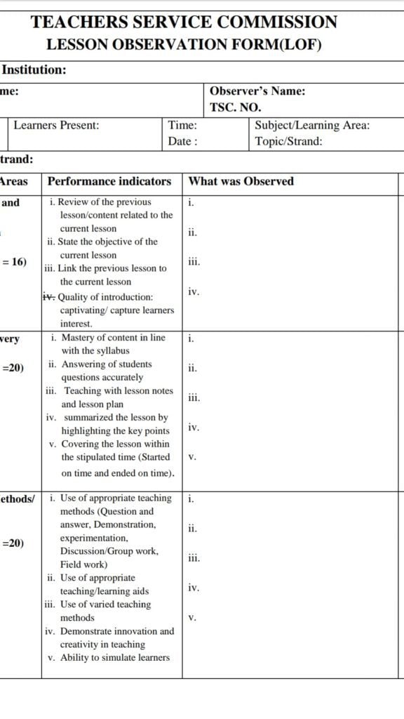 TSC Lesson Observation Form for teachers