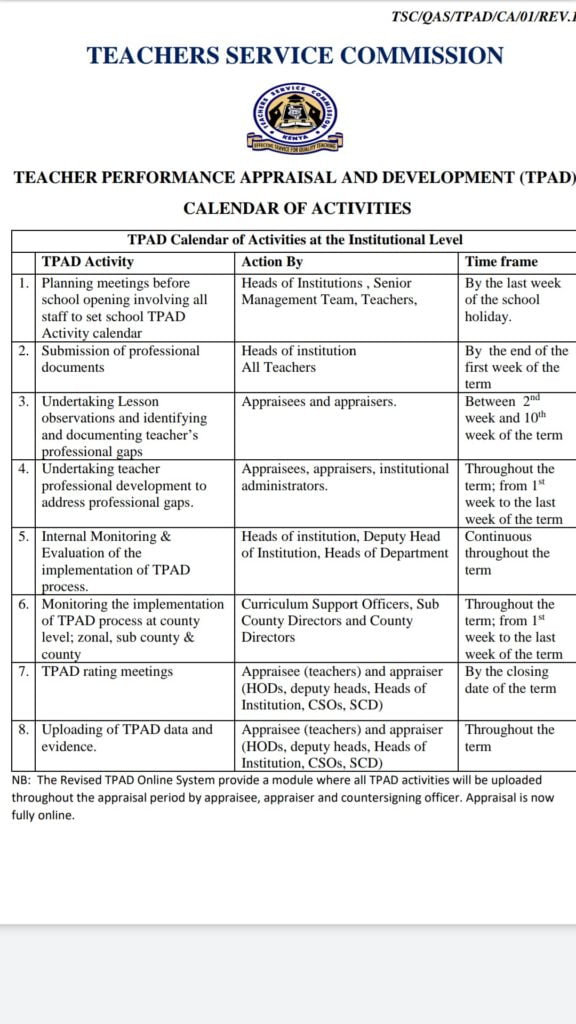 Calendar of Activities for the New TPAD 2 per term