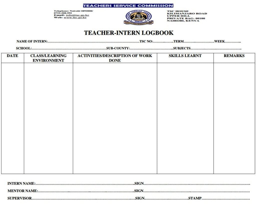 Teacher Intern Log book free download.