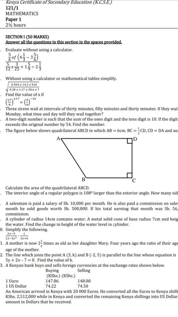 Free Mathematics notes, schemes, lesson plans, KCSE Past Papers, Termly Examinations, revision materials and marking schemes.