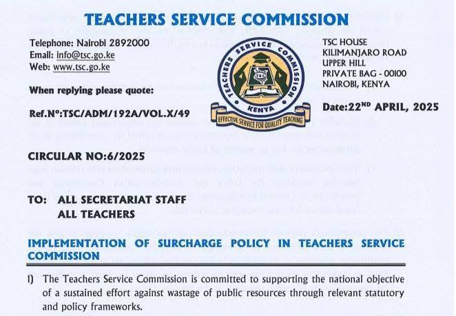 Latest TSC Circular on surcharging Policy for Teachers