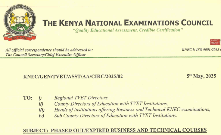 KNEC CIRCULAR ON SCRAPPED COURSES