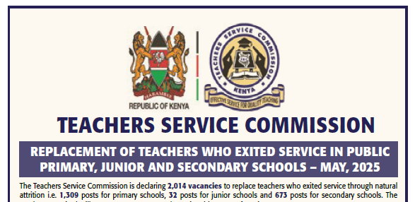 TSC advert for 2,014 Teachers' replacement vacancies in May 2025